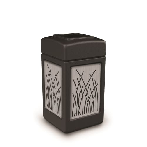 Commercial Zone PolyTec 42 Gallon Trash Container, Black with Stainless Steel Panels, Reeds